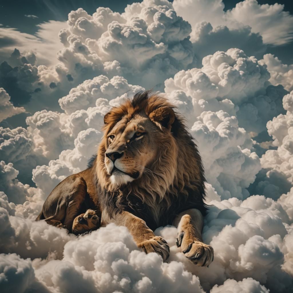 Lion Asleep on Clouds: Cinematic Still