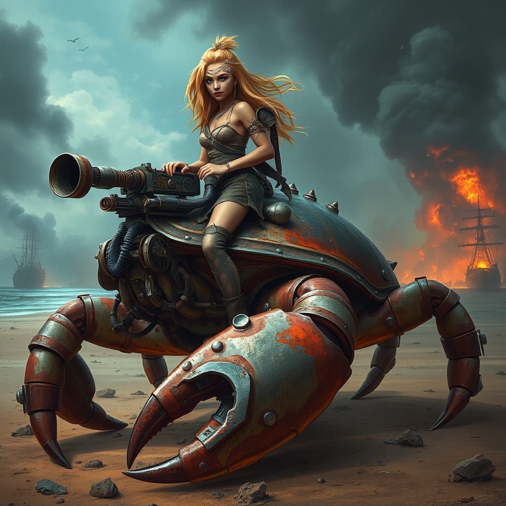 Dystopian Wasteland: Woman Riding Armored Crab