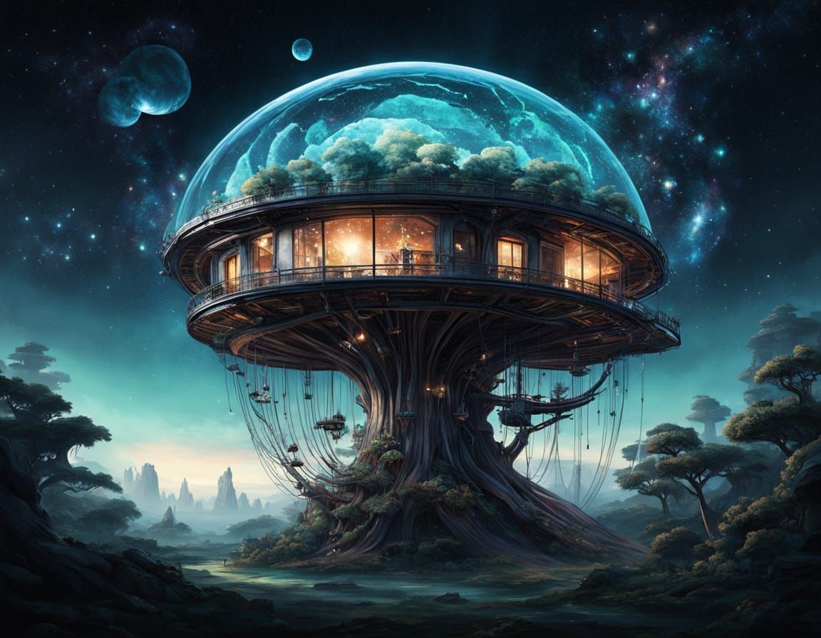 Glowing Jellyfish Treehouse in Cosmic Vortex