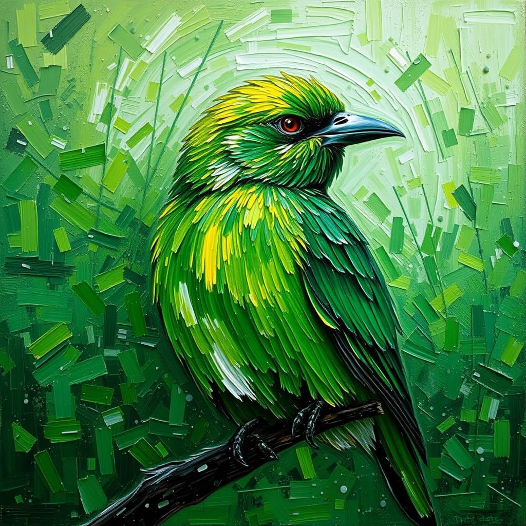 Vibrant Impasto Green Bird Masterpiece