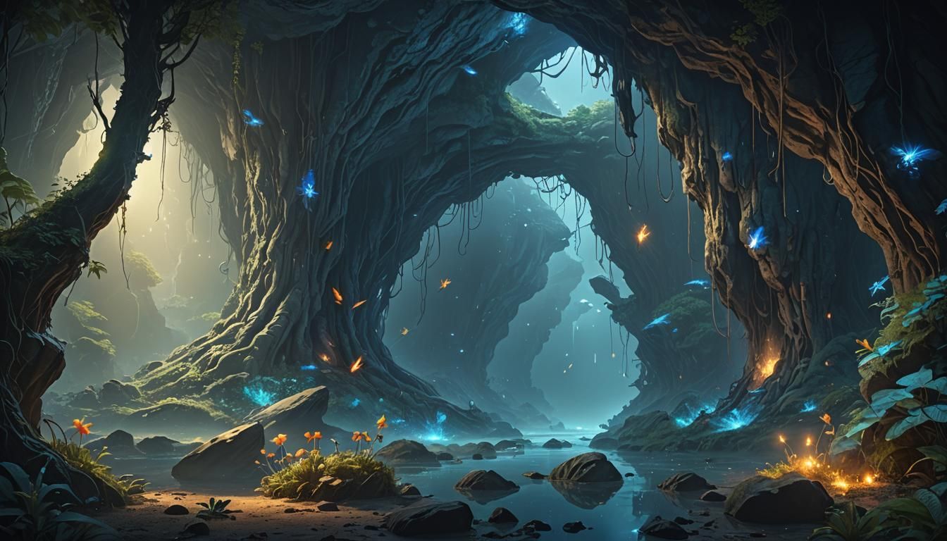 Firefly Cave with Fantastic Creatures: Digital Matte Paintin...