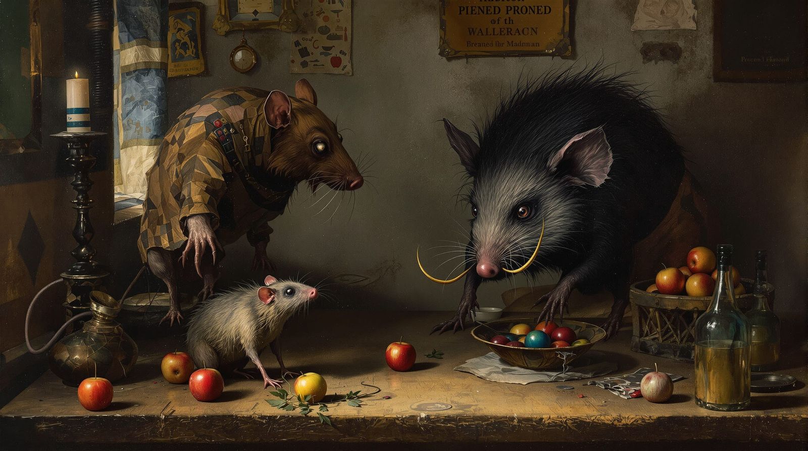 Surrealist Oil Painting of Mythical Creatures Closing Shop