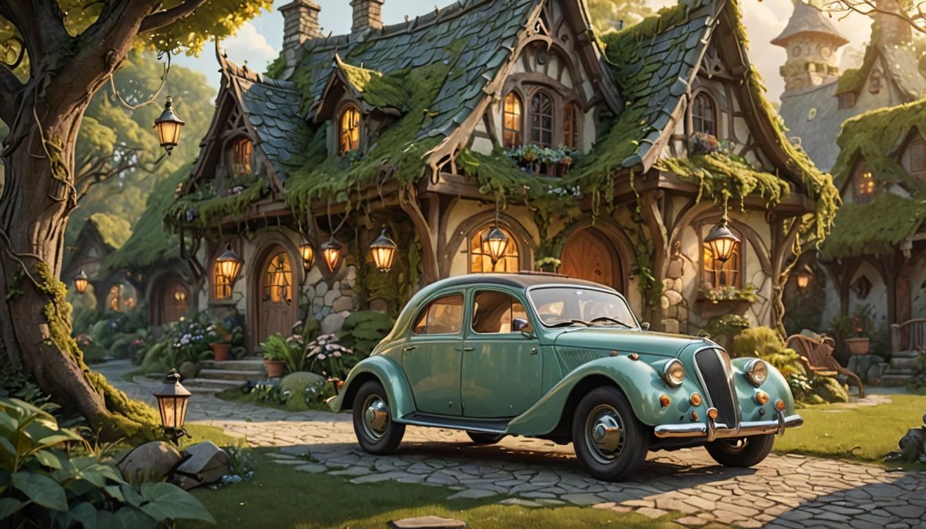 Antique Car at Elven Cottage, Whimsical Illustration