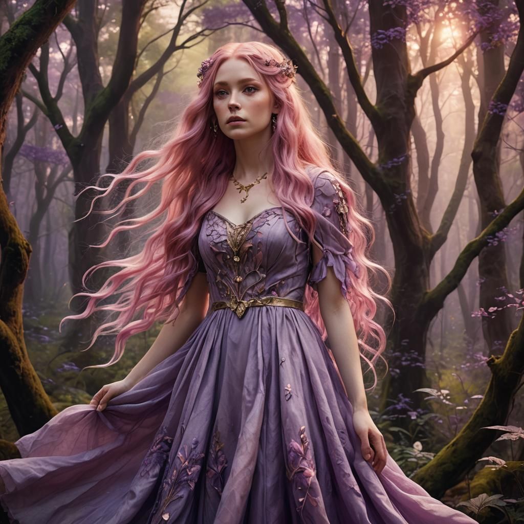 Mystical Forest Girl with Pink Hair in Fantasy Art