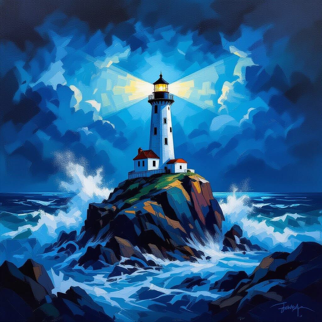 Epic Lighthouse on Volcanic Island in Expressionist Oil