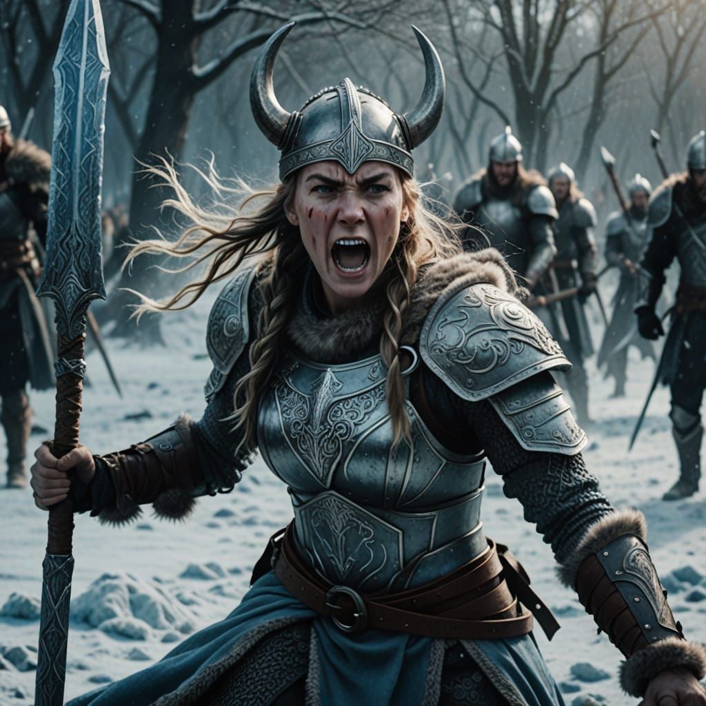 Epic Female Viking Warrior in Fierce Battle Stance
