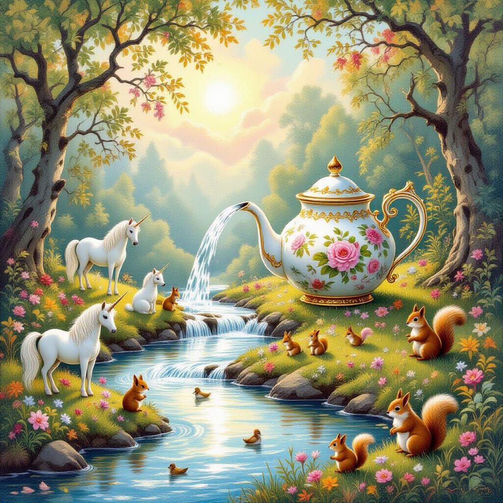 Ornate Teapot River with Unicorns and Squirrels