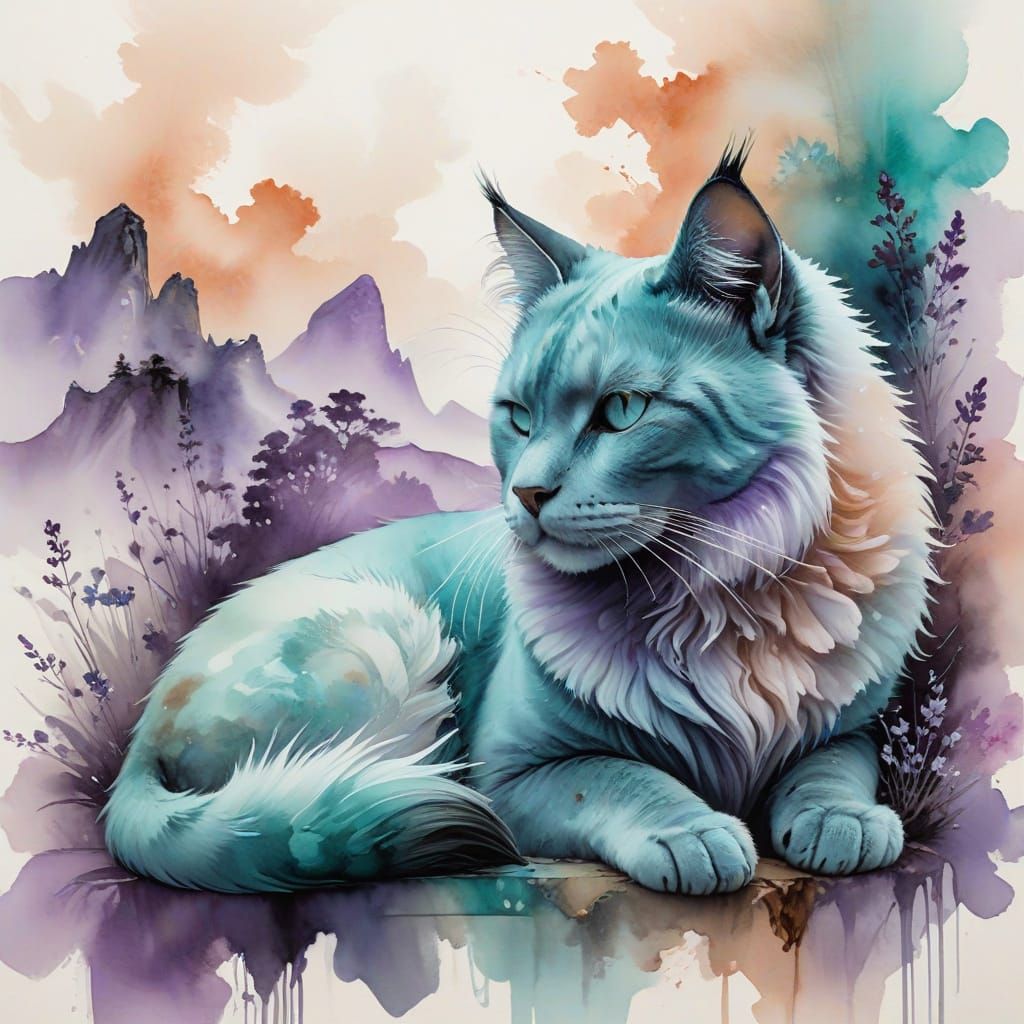 Ethereal Cat in Dreamy Landscape