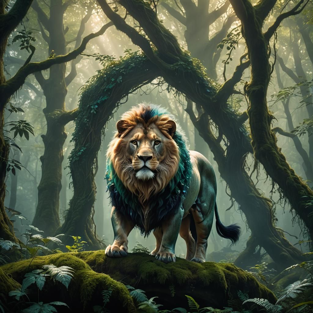 Lion-Pig Hybrid in Misty Forest: Fantasy Concept Art