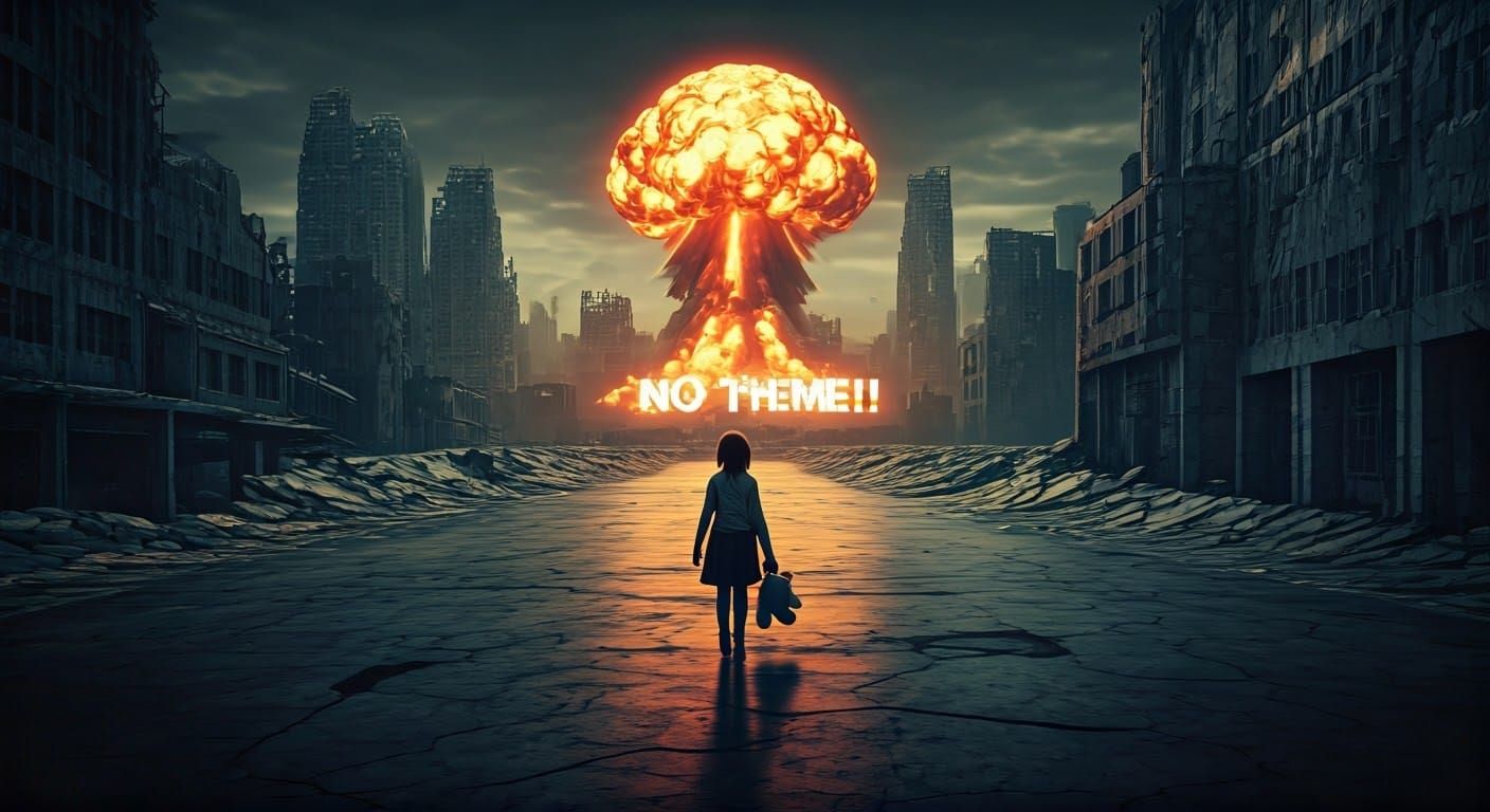 Cyberpunk Apocalypse: Girl Walks Away from Ruined City