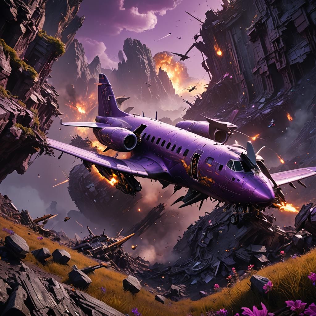 Plane Crash on Purple Planet: Detailed Matte Painting