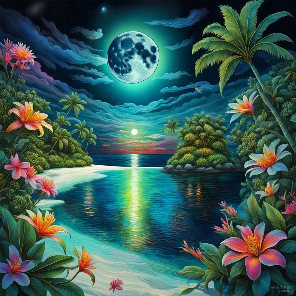 Maldives Night: Moonlit Tropical Paradise Illustration
