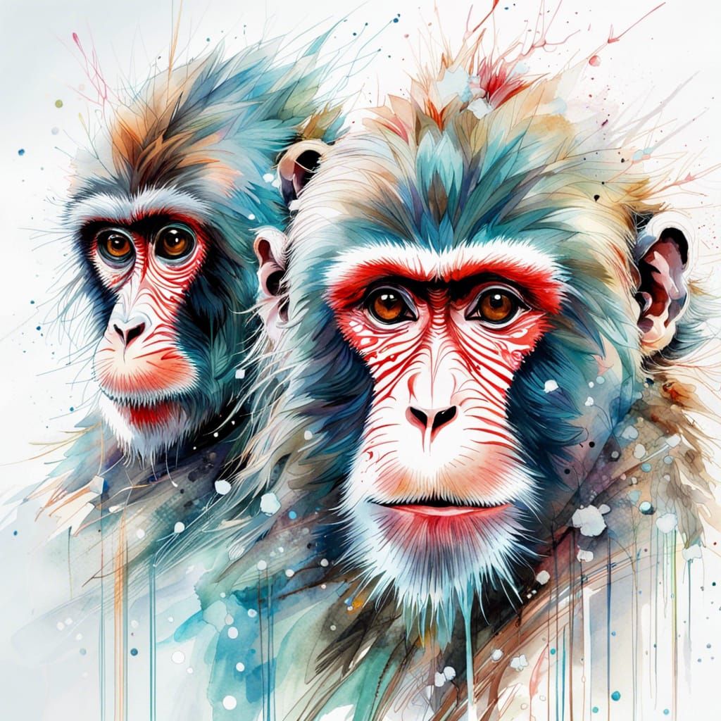 Watercolor Monkeys in Arctic Landscape, 8K Resolution