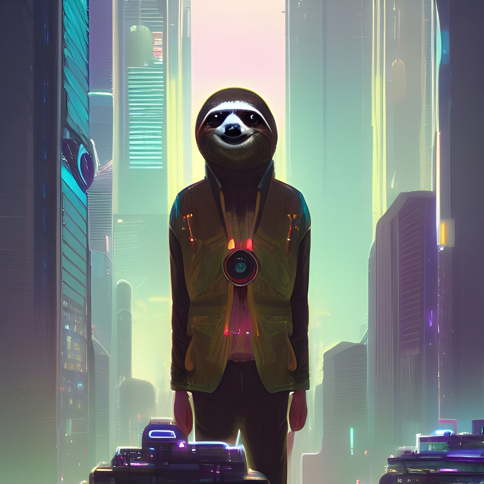 Clockpunk Sloth in Cyberpunk City, Digital Art