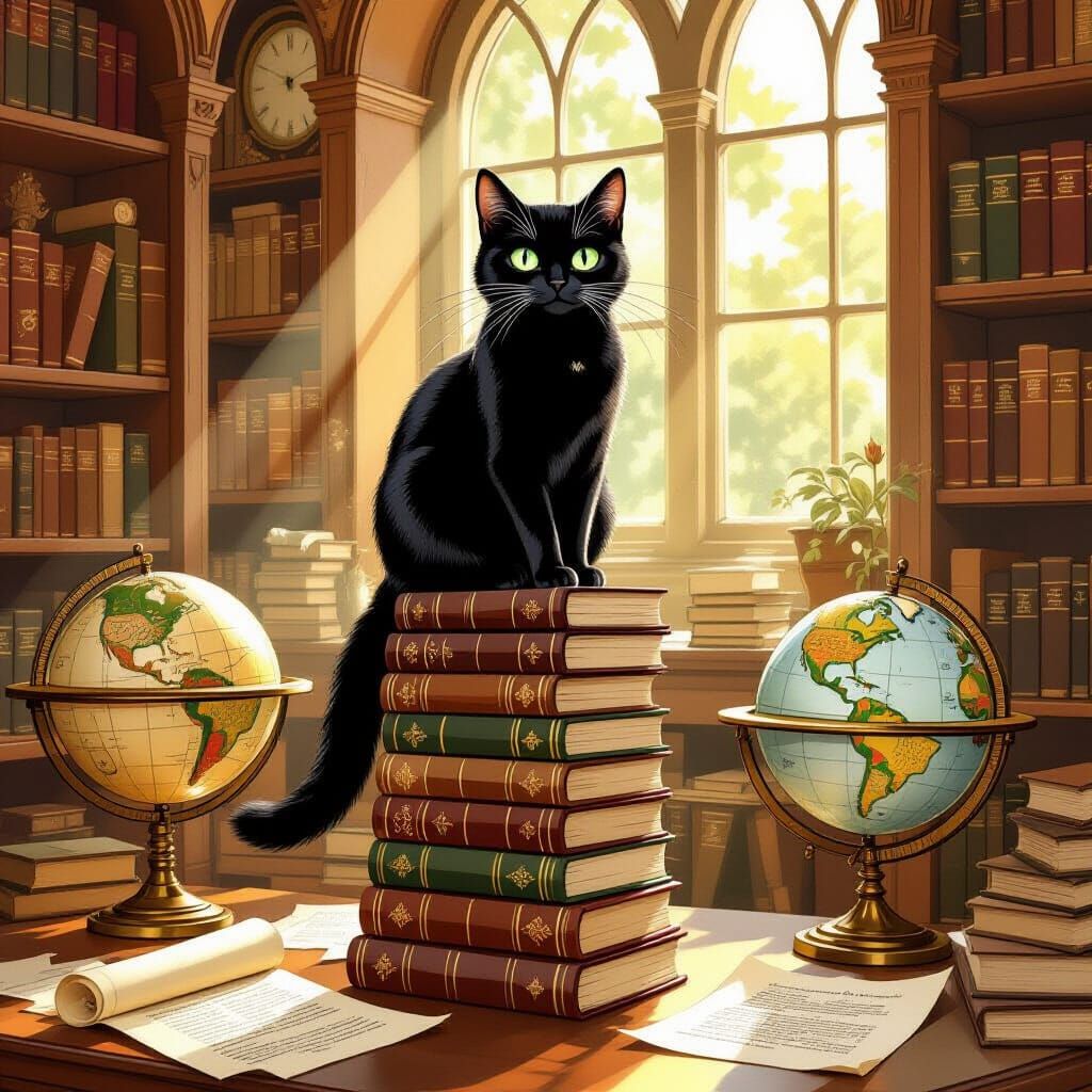 Black Cat in Cozy Library, Storybook Illustration