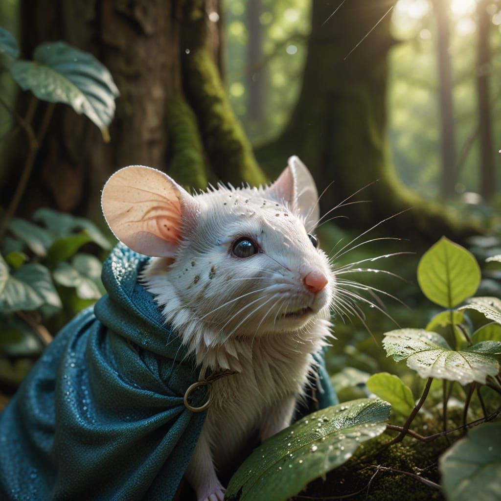 Mouse in Blue Cloak Shelters Under Leaf