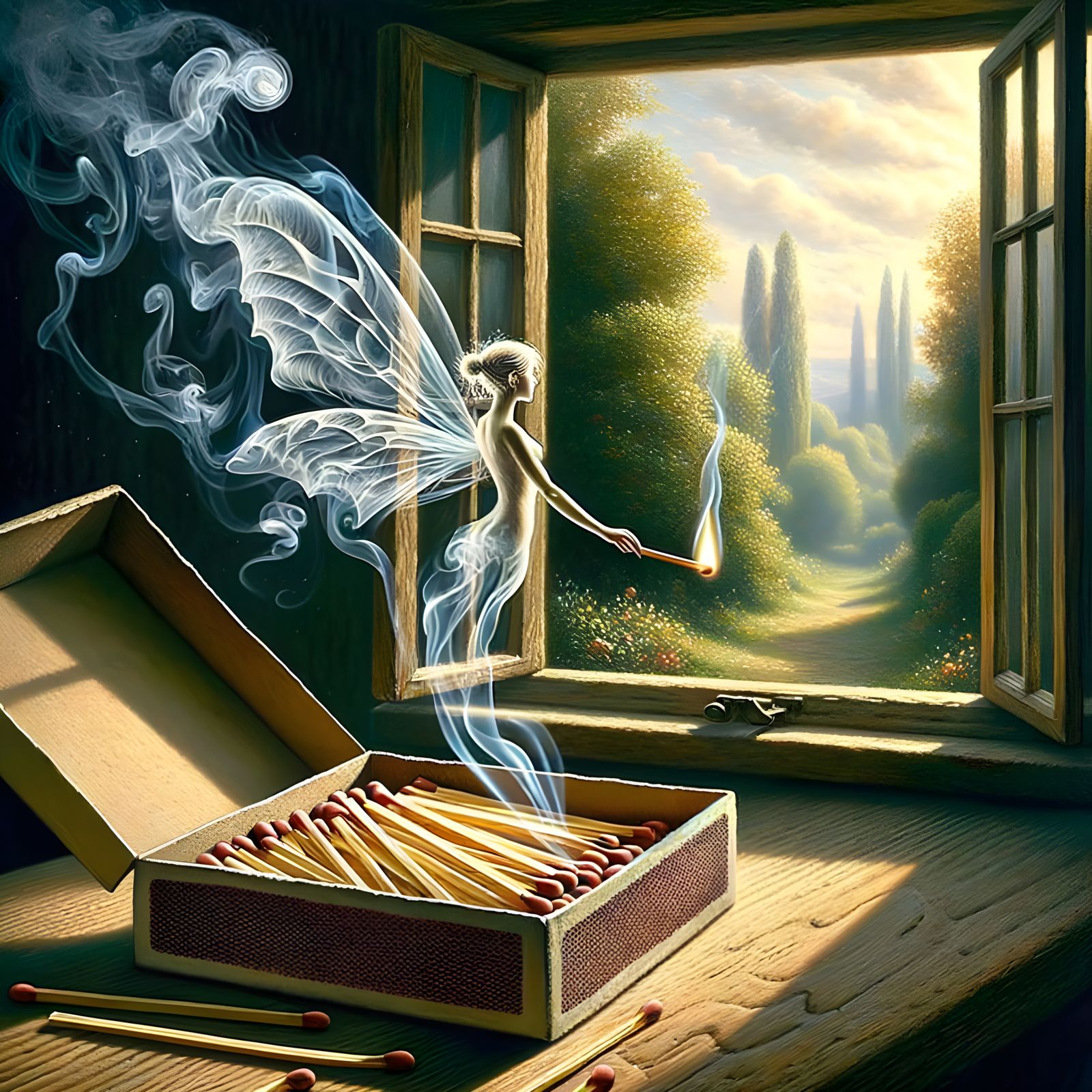 Ethereal Smoke Fairy Gazing at Impressionist Garden