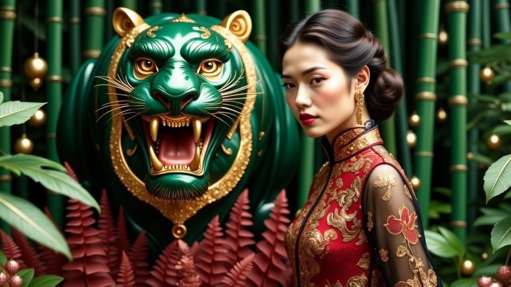 French Woman in Cheongsam Beside Emerald Tiger Sculpture