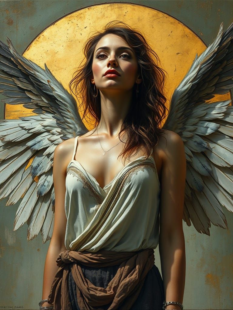 Angel of Majesty in Vibrant Oil Painting with Verdigris and....