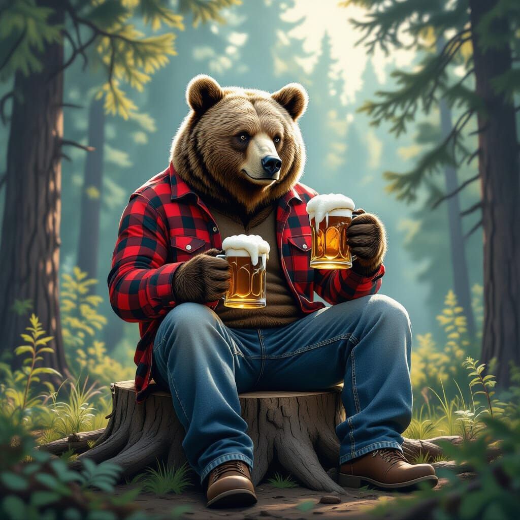 Grizzly Bear Enjoys Beer in Forest