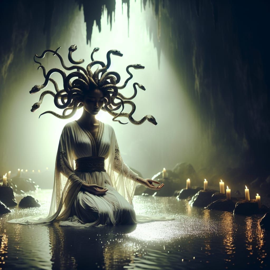 Meditating Medusa in a Mystical Cavern