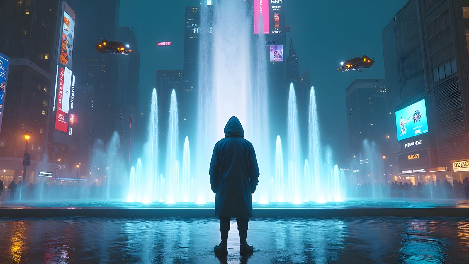 Cyberpunk Fountain in Neon Night City