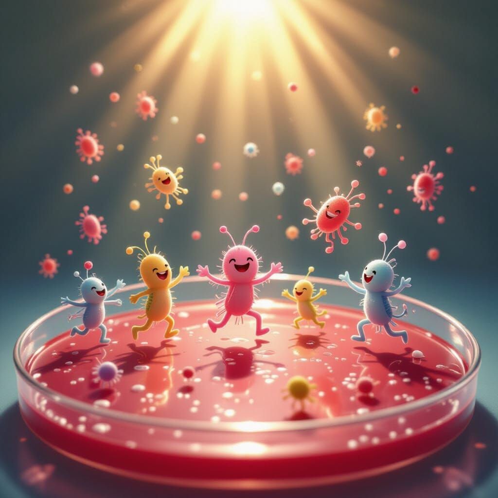 Lively Microbes Dancing in Petri Dish, Whimsical Illustratio...