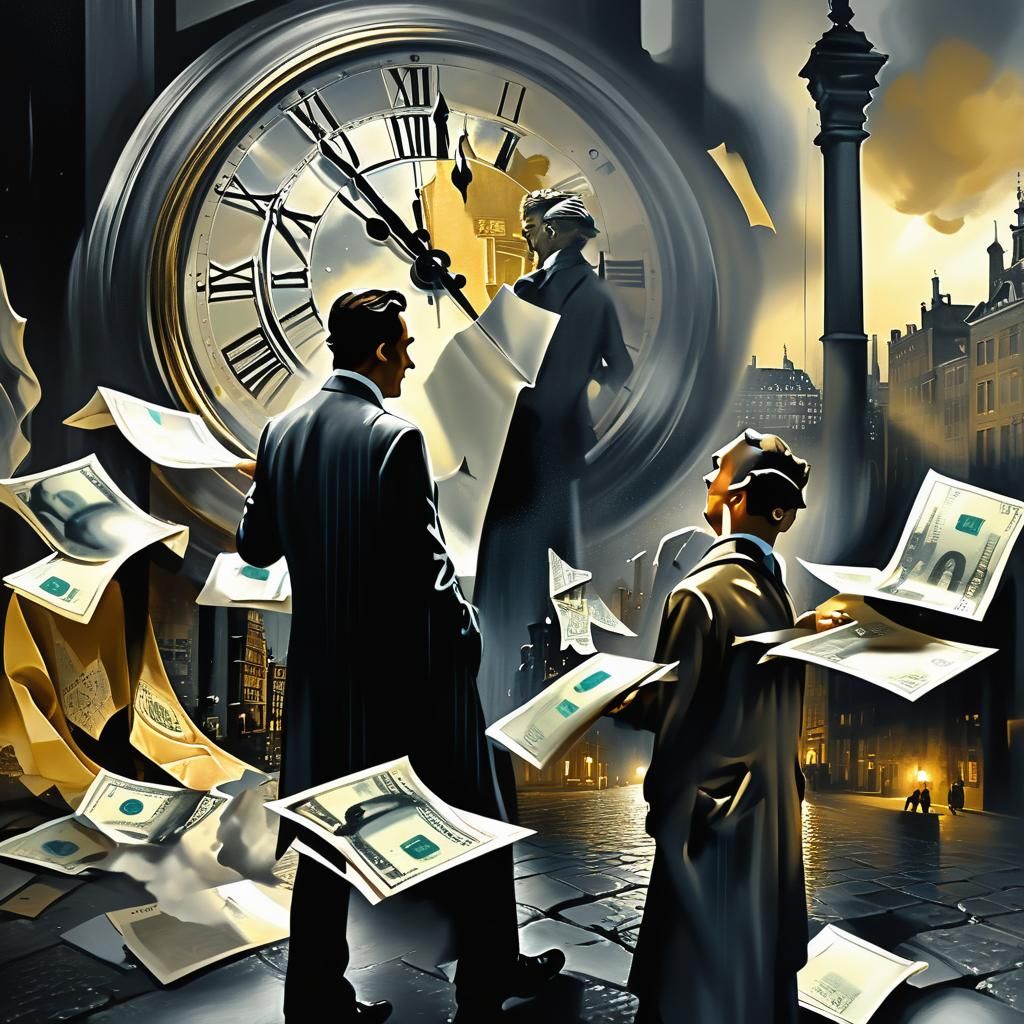 Surreal Exchange: Shadowy Deal in a Dali-esque Cityscape