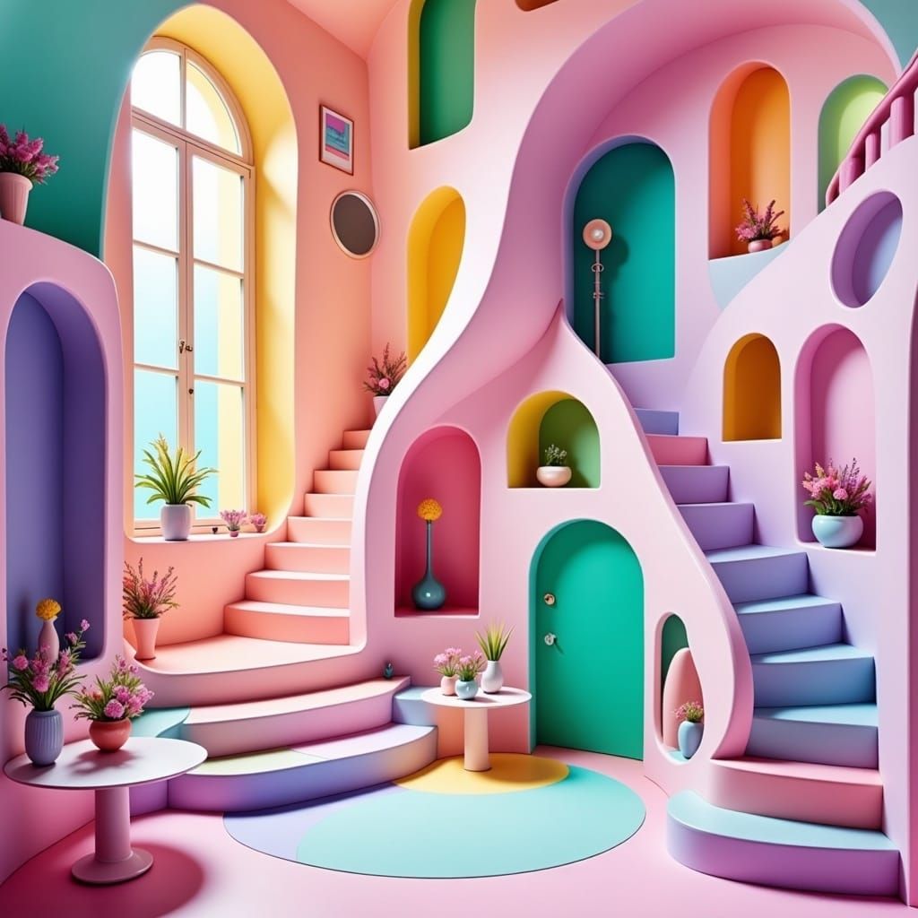 Labyrinthine House Interior in Pastel Hues
