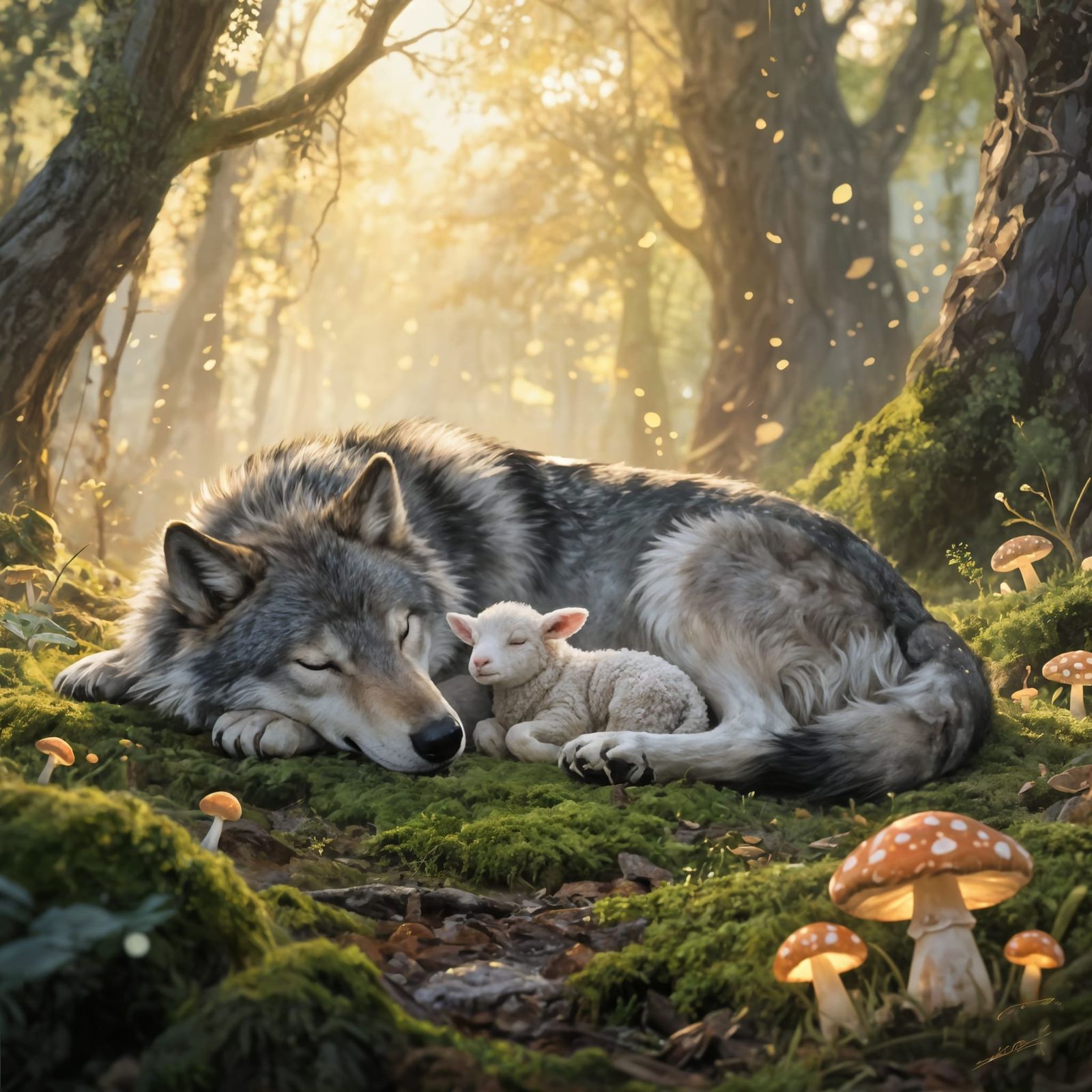 Wolf and Lamb Find Peace in Ethereal Forest