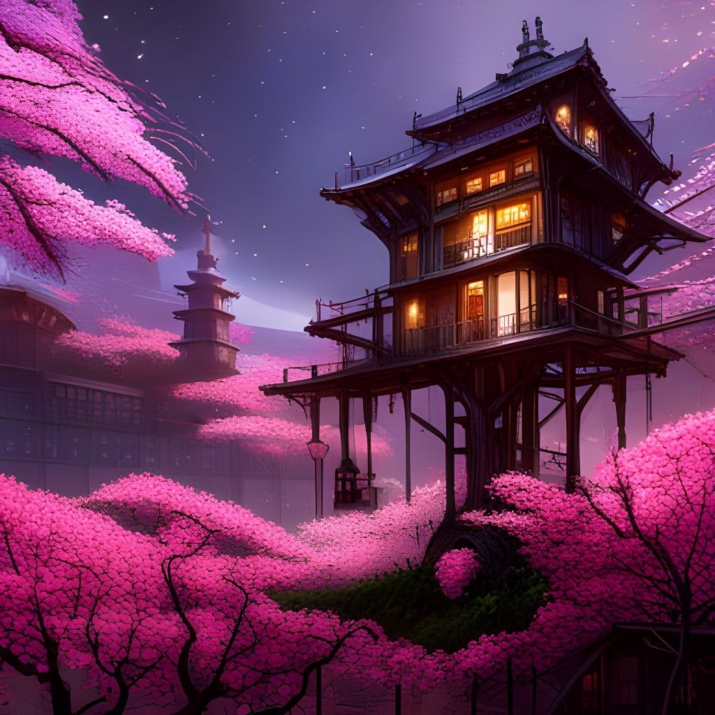 Cyberpunk Cherry Blossom Treehouse in Pink Snow