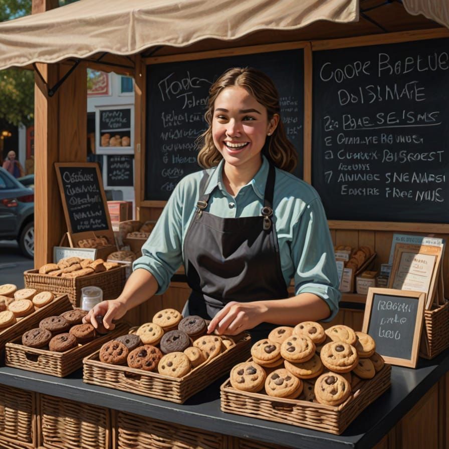Hyperrealistic Cookies Sale Scene in a Colorful Setting