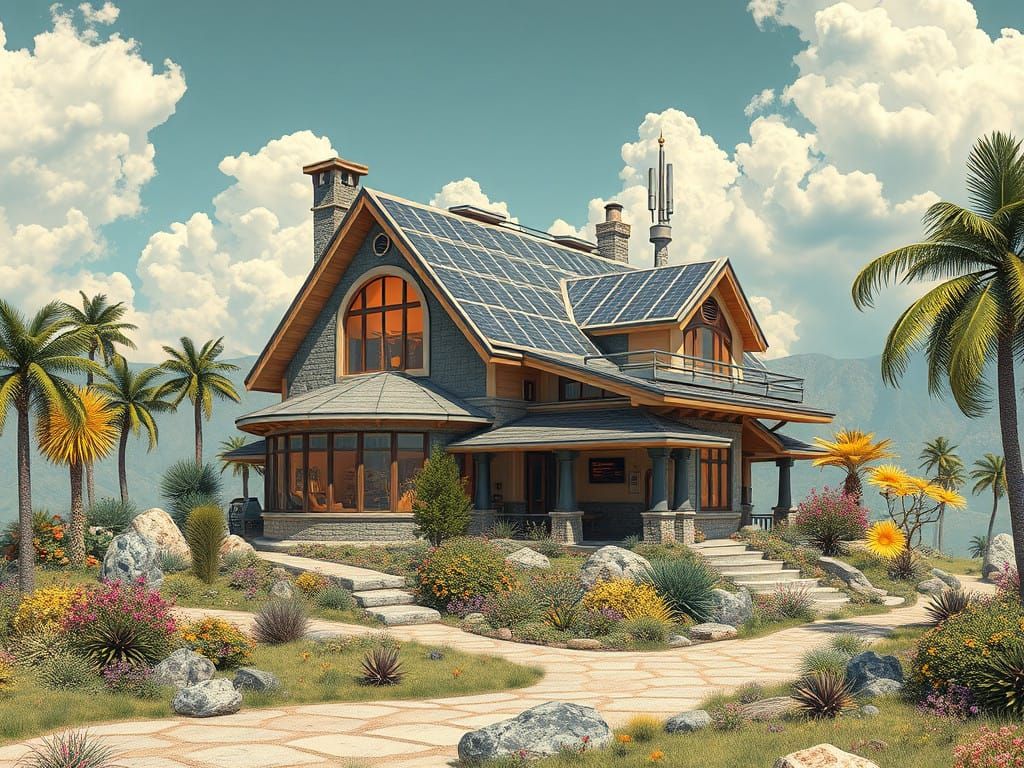 Surreal Futuristic Solarpunk House Amidst Vibrant Landscape