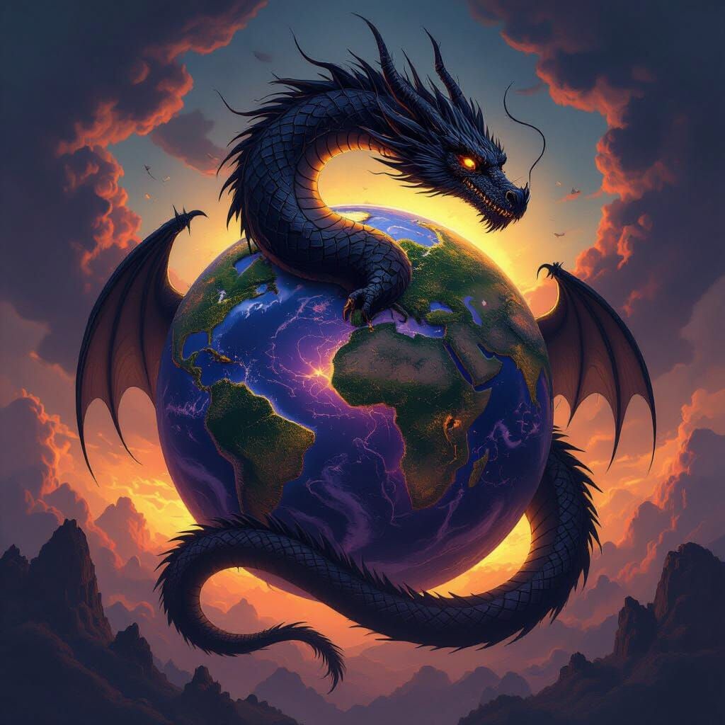 Majestic Black Dragon Coiled Around Earth