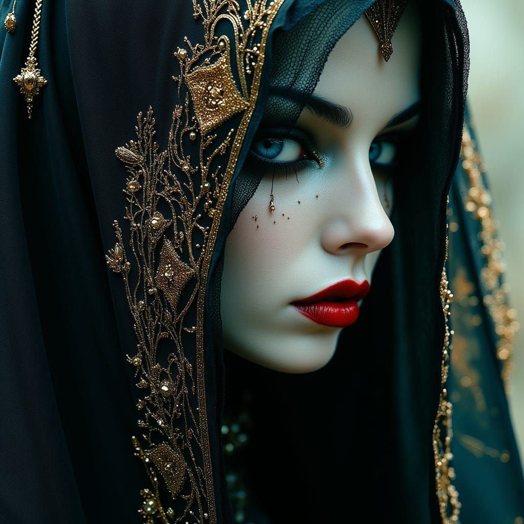 Solemn Gothic Veiled Beauty in Oil Painting Style