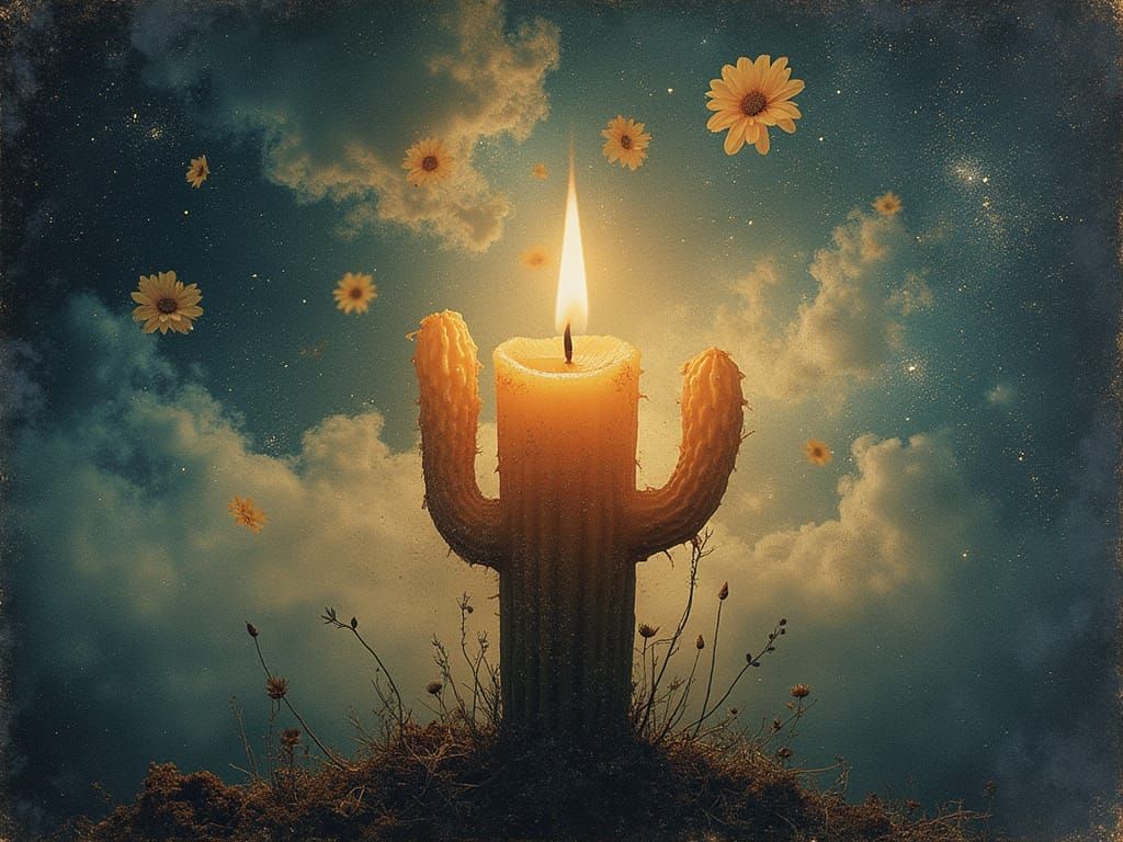 Surreal Cactus-Shaped Candle Hybrid in Moody Bromoil Print