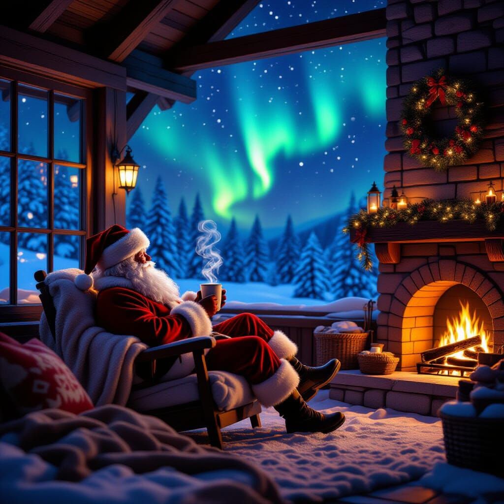 Santa's Cozy Winter Chalet Scene with Northern Lights