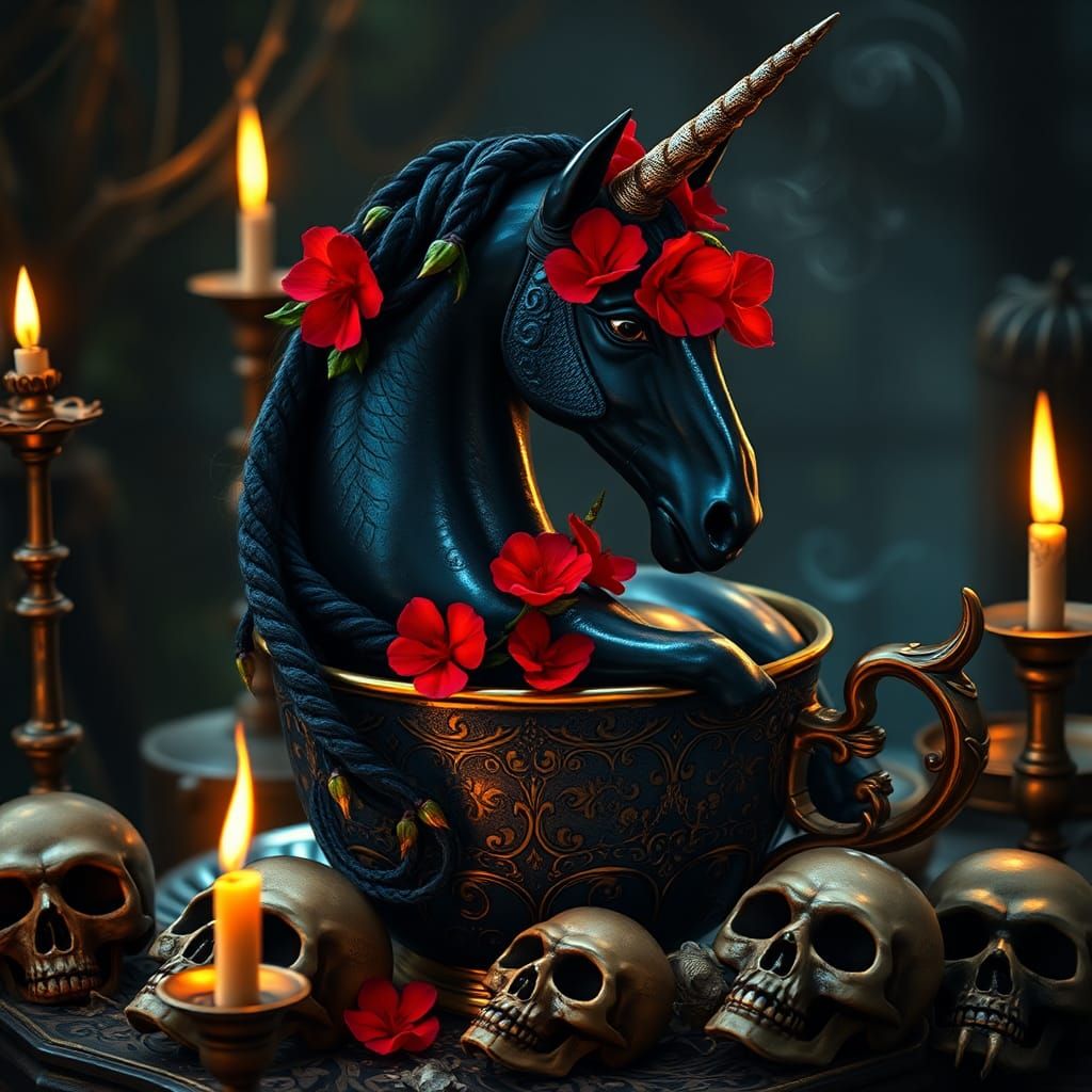 A mystical unicorn with a velvety, raven-black coat that absorbs and reflects the ambient light, its iridescent skin shi...