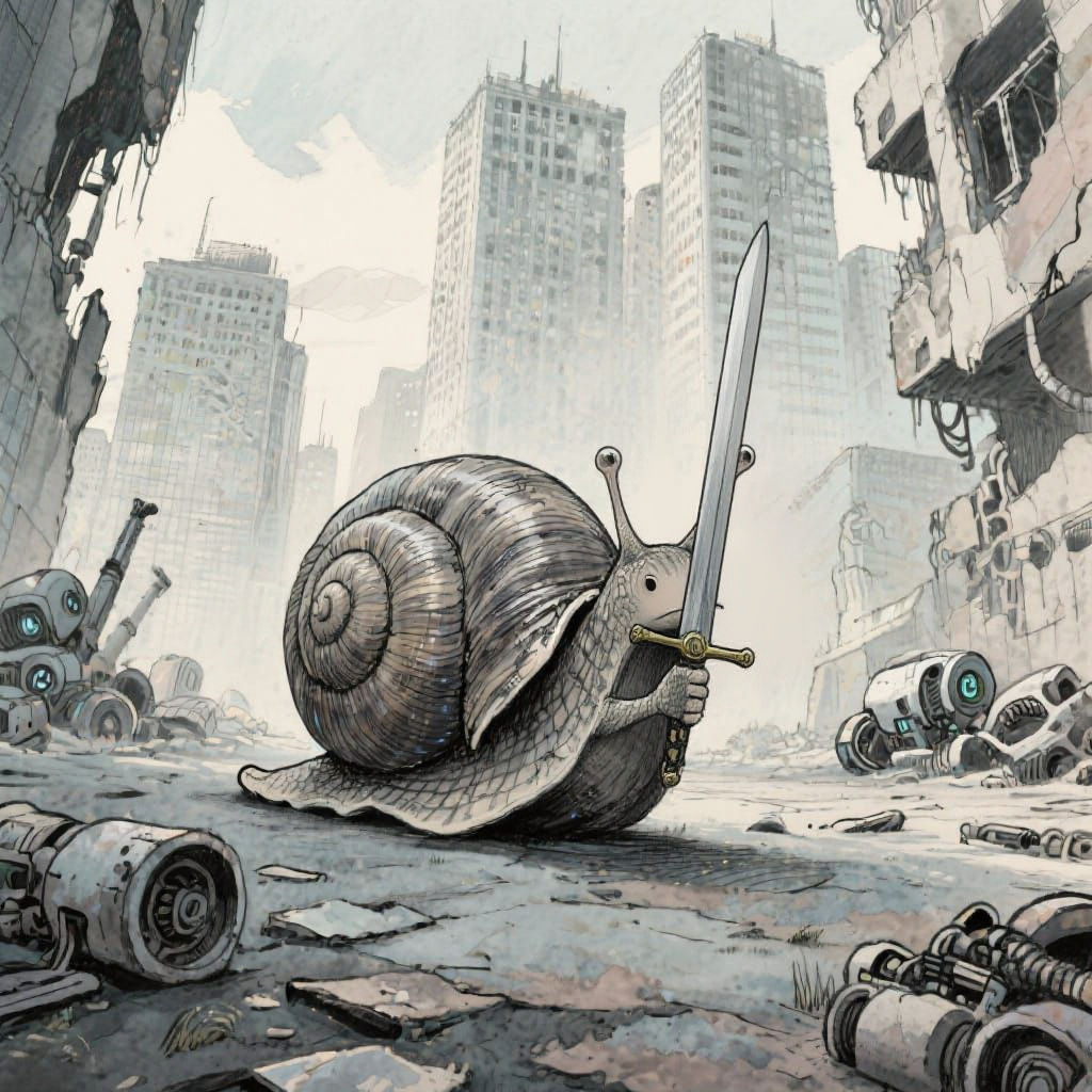 Post-Apocalyptic Snail's Journey: Pencil and Watercolor Art