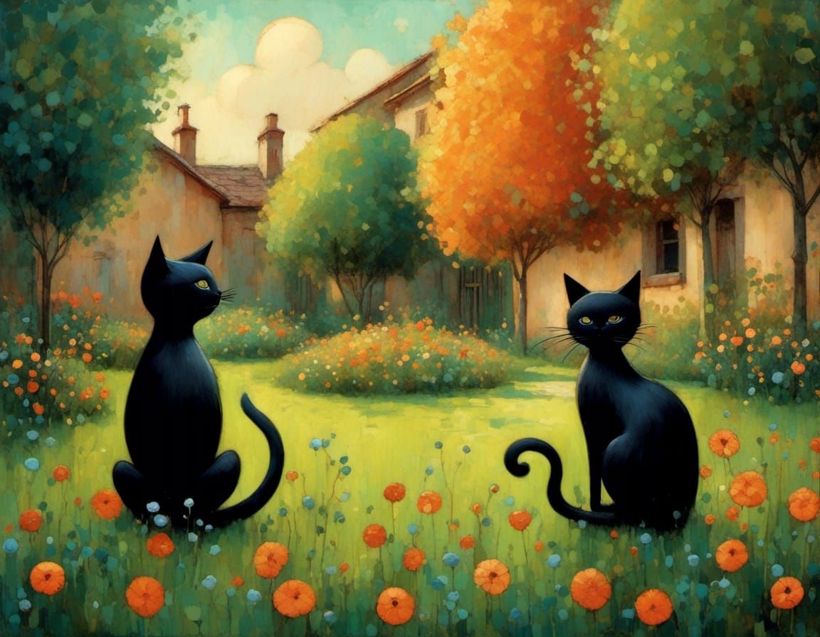 Cats Chatting in Backyard, Storybook Illustration