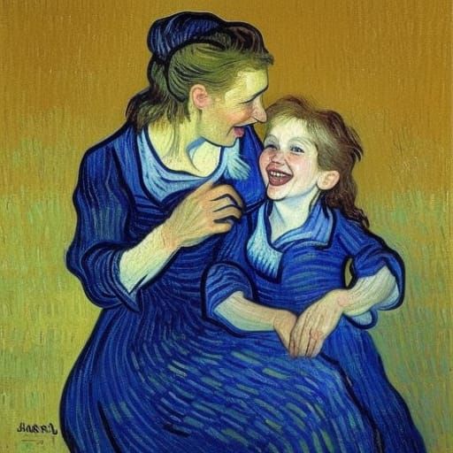 Mother and daughter laughing by Van Gogh