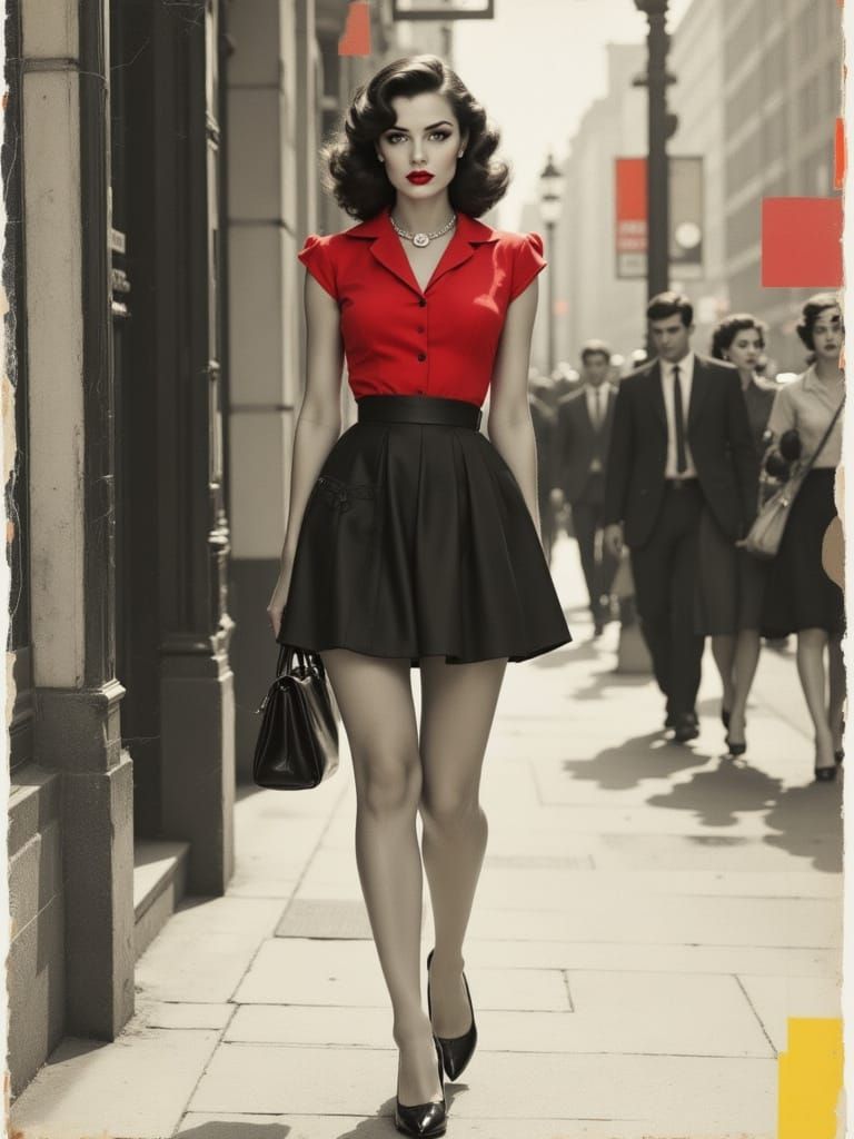 1950s Pin Up Woman on Busy City Sidewalk