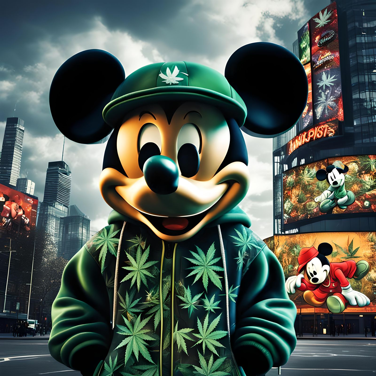 Mickey Mouse as Gangster in Hyperrealistic Cityscape