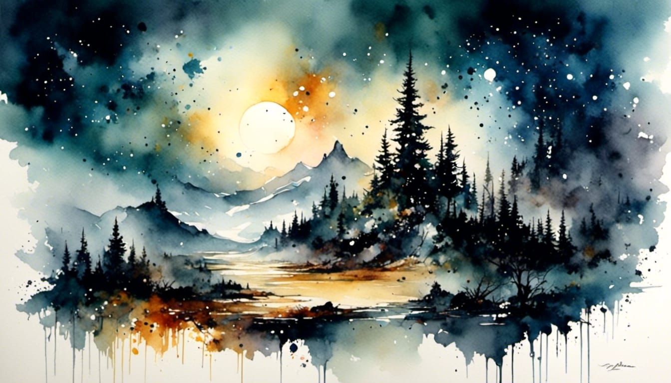 Mystical Cosmic Scene in Antique Watercolor Style