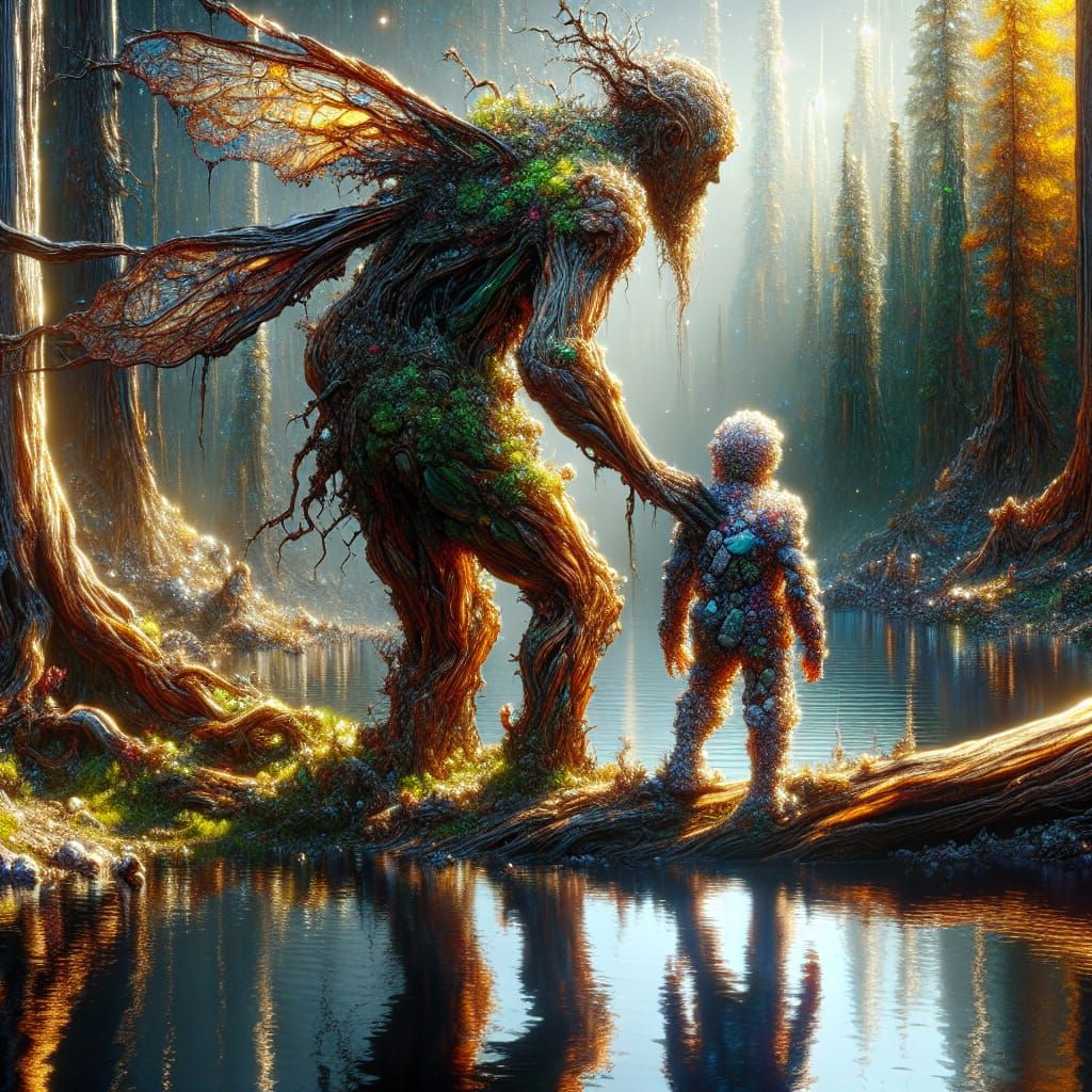 Tree Fairy and Rock Creature by Forest Lake