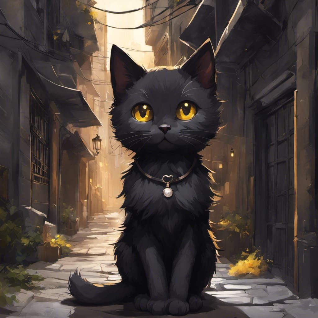 Cute Chibi Black Cat in Dark Alleyway