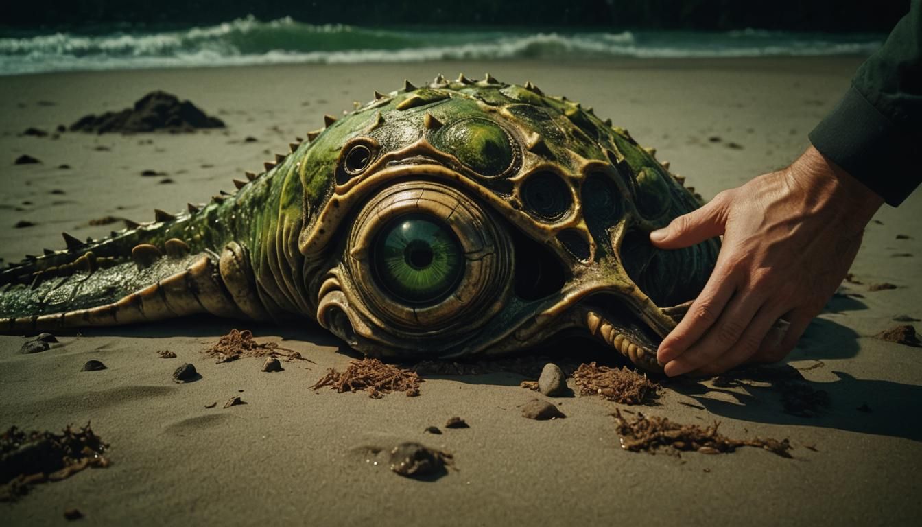 Dramatic Close-up of a Black and Green Finned Creature