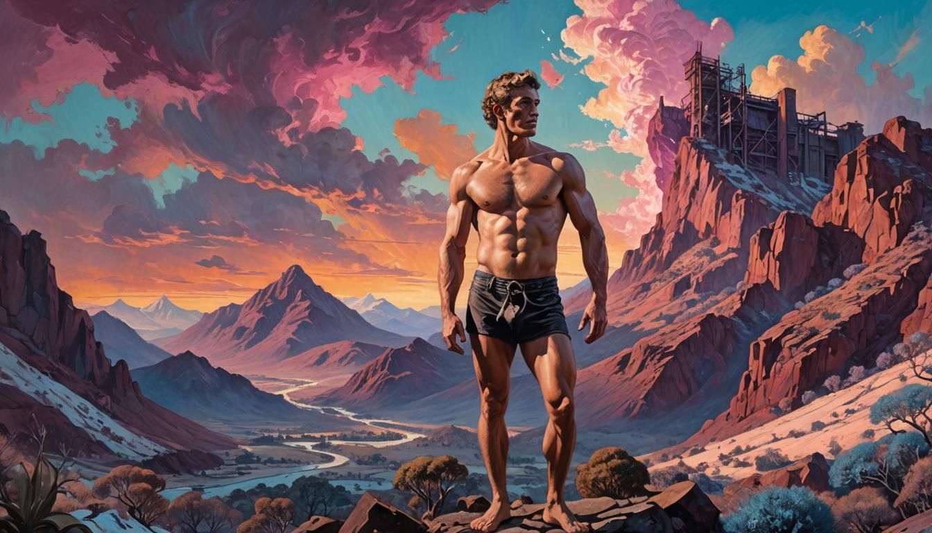 Swarthy Man in Namatjira Landscape, Norman Lindsay Style