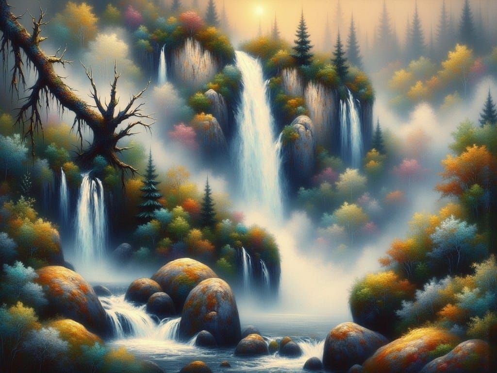 Atmospheric Watercolor Landscape of a Serene Waterfall in Mi...