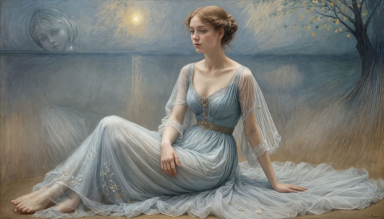 Woman in Opalescent Dress Surrounded by Mist